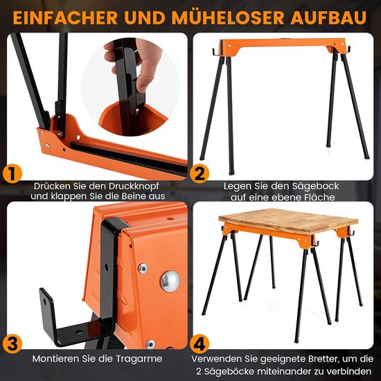 COSTWAY Set van 2 steigerbokken, klapbok, tot 600 kg, werkbokken inklapbaar, opvouwbare bok met handgreep, steunbok, zaaghulp, werkbok, metaal, onderstelbok, zaagblokken, zaagpaard — afbeelding 2