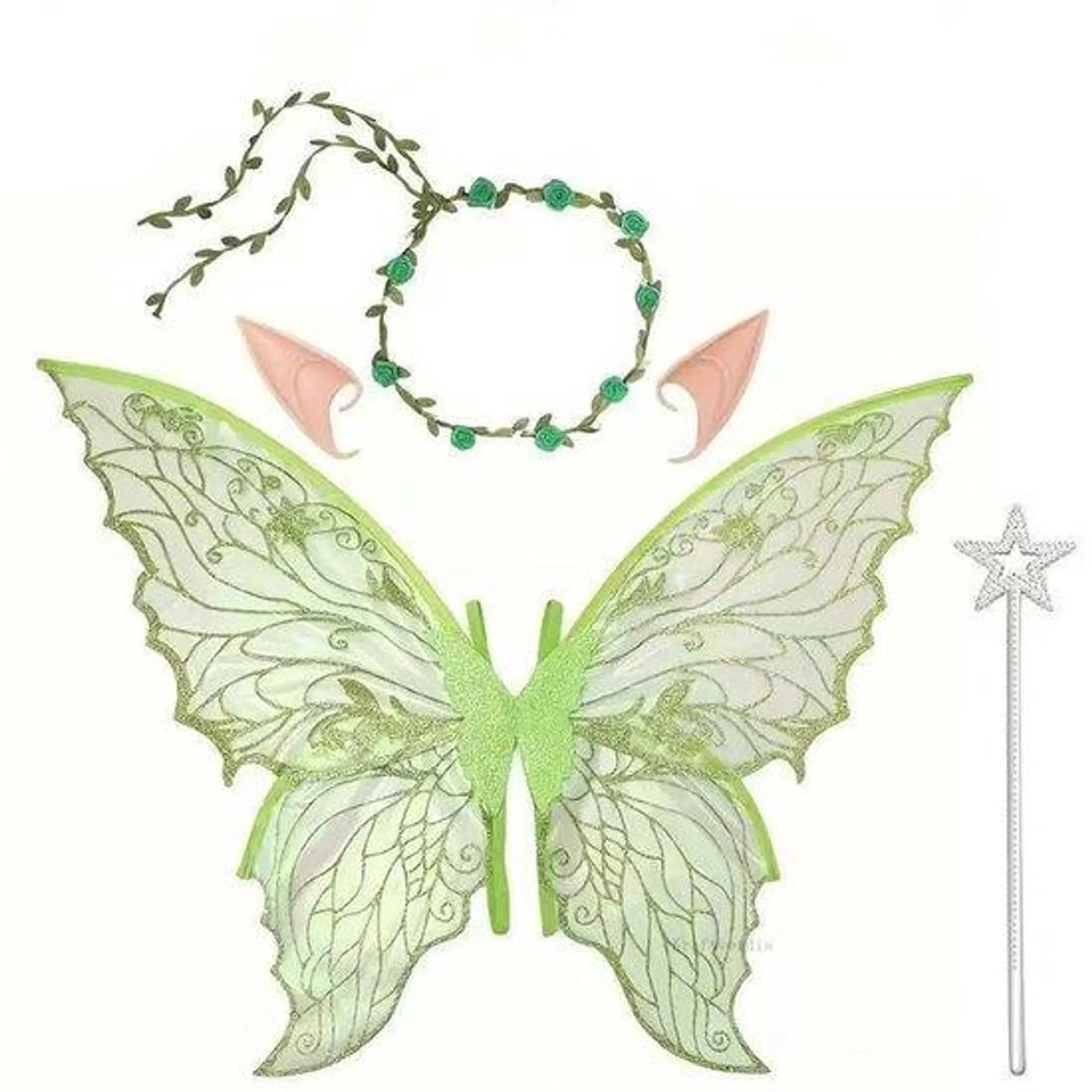 casalora - Elf Verkleedset Kind & Volwassene - Inclusief Vleugels 72x55 cm - Toverstaf - Elfenoren - Natuur Haarband - Verkleedkleding Accessoires - Carnvalskleding Halloween Meisjes - Groen