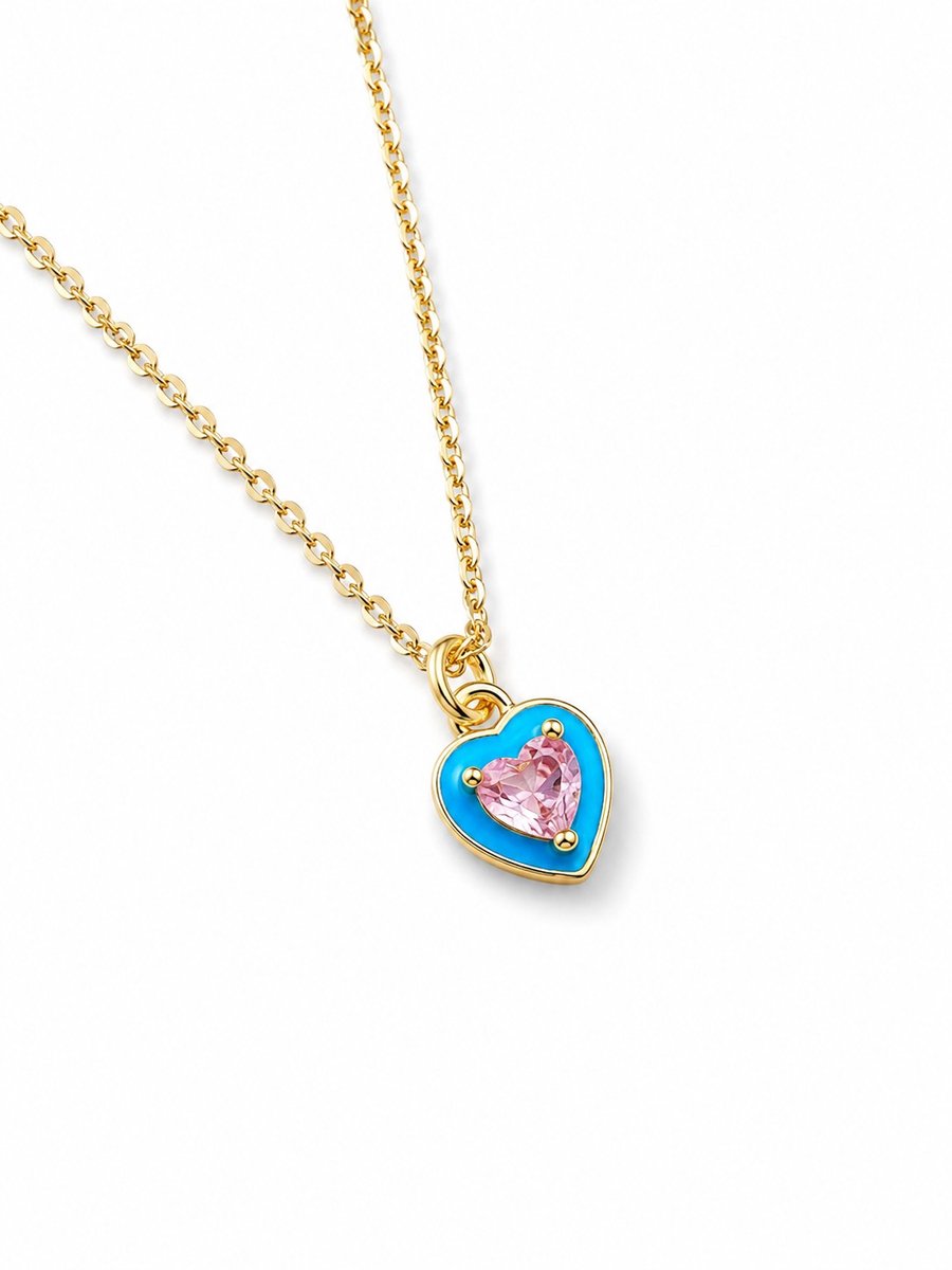 Ketting Hartje Meisje Goudkleurig- Ketting Hartje- Ketting met Hart-Strass Diamant- Blauw Roze Hartje- Meisjesketting met Hartje- LiLaLove- Kind- Cadeau Meisje