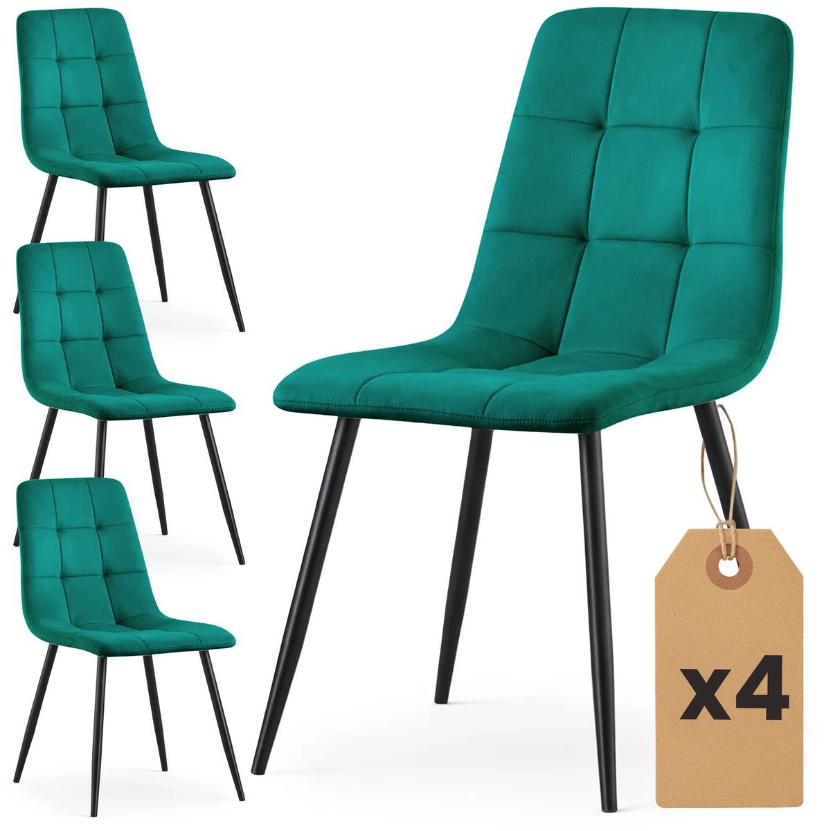Set van 4 Velours Eetkamerstoelen – Gestoffeerde Stoelen met Gewatteerde Zitting – Moderne Eetkamerstoelen met Zwarte Poten – Comfortabele Stoelenset voor Eetkamer & Woonkamer - Groen