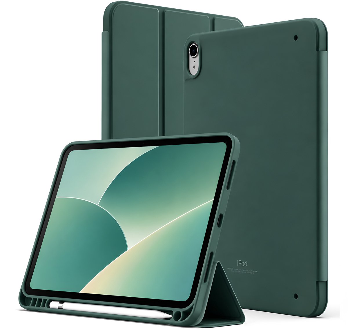 Sounix Tablet hoes Geschikt voor Apple iPad 11 (2025) A16 / Apple iPad 10.9 (2022) - Siliconen Hoesje met Pencilhouder, Smart Cover Achterzijde - Donkergroen