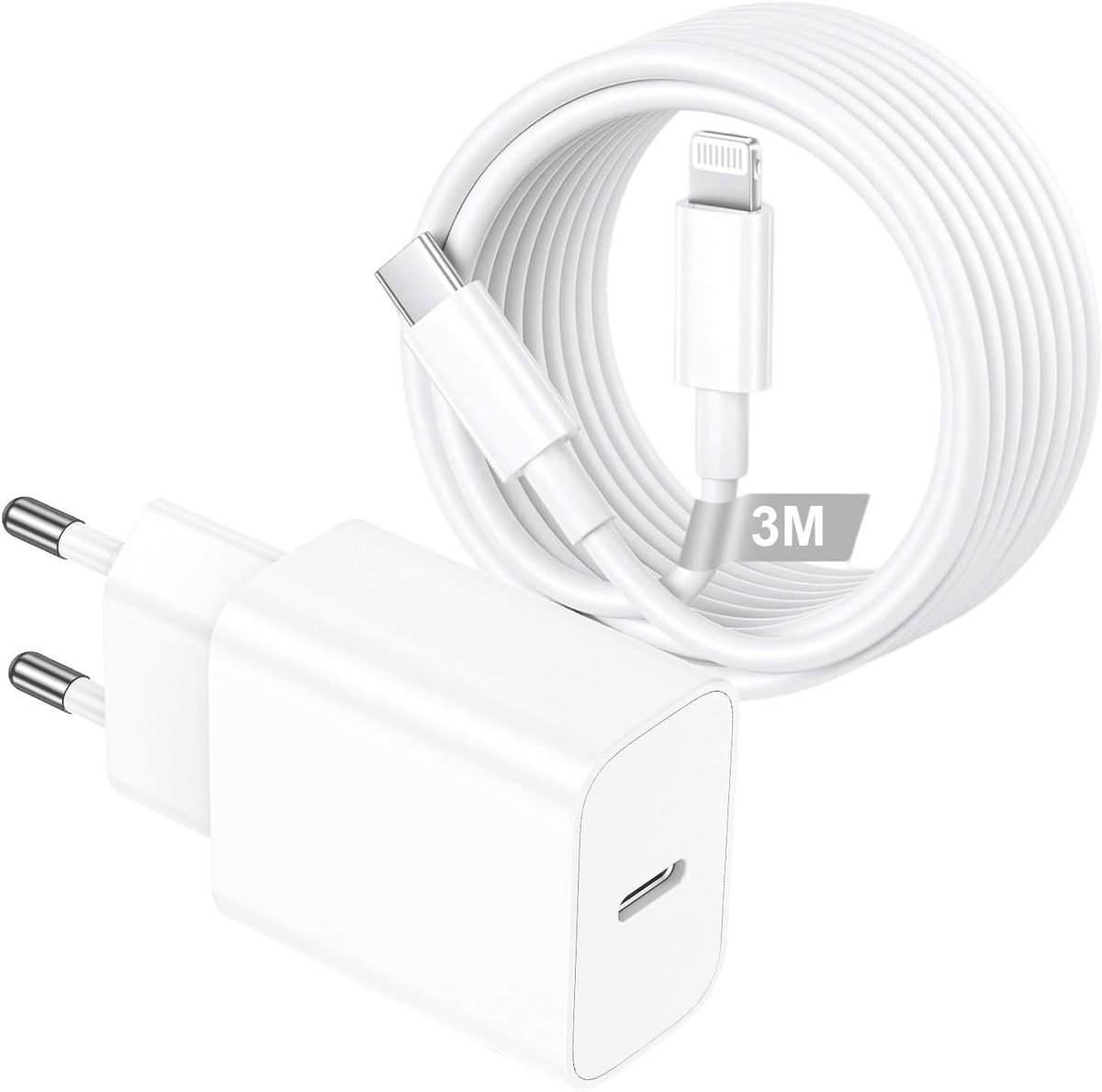 Krachtige 20W USB C Snellader met 3m Lightning Oplaadkabel voor iPhone en iPad, MFI Gecertificeerd, Ideaal voor Snelladen en Type C Aansluitingen