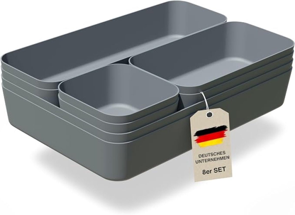 Lade-organizer set van 8 opbergbakjes, Antraciet, met anti-slippads