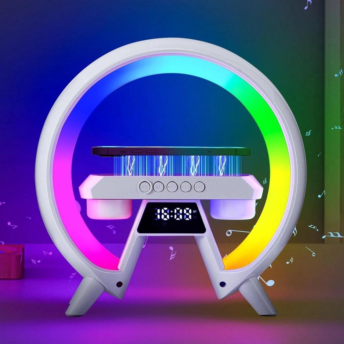 casalora - Wake Up Light - Wekkerradio - Slaaptrainer Lamp - Draadloos opladen - Bluetooth speakers - Muziek speaker - Multifunctioneel - Met Draadloze Oplader - Sfeerverlichting - Cadeau - Wit
