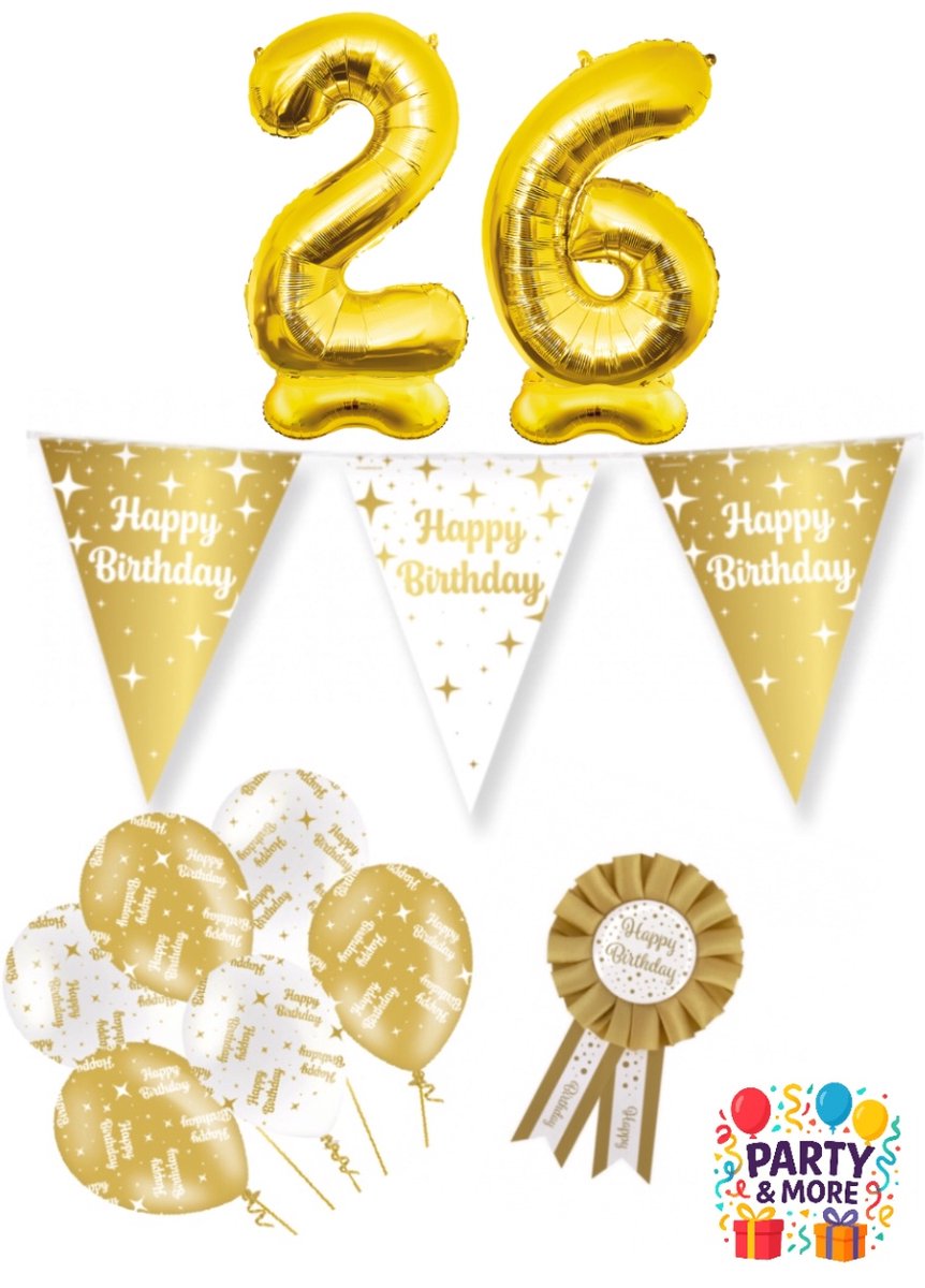 Party & More - 26 jaar - verjaardag versiering - ballonnen - slinger - cijferballon - Luxe Gouden Feestdecoratie Set – Compleet Pakket – versiering - verjaardag