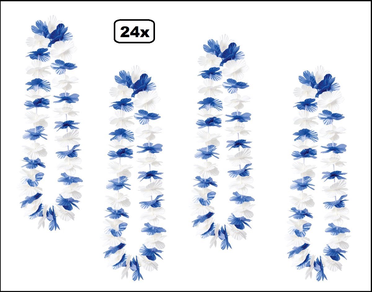 24 stuks Hawai slinger blauw/wit - bloemenkrans - Thema feest hawaii krans huwelijk