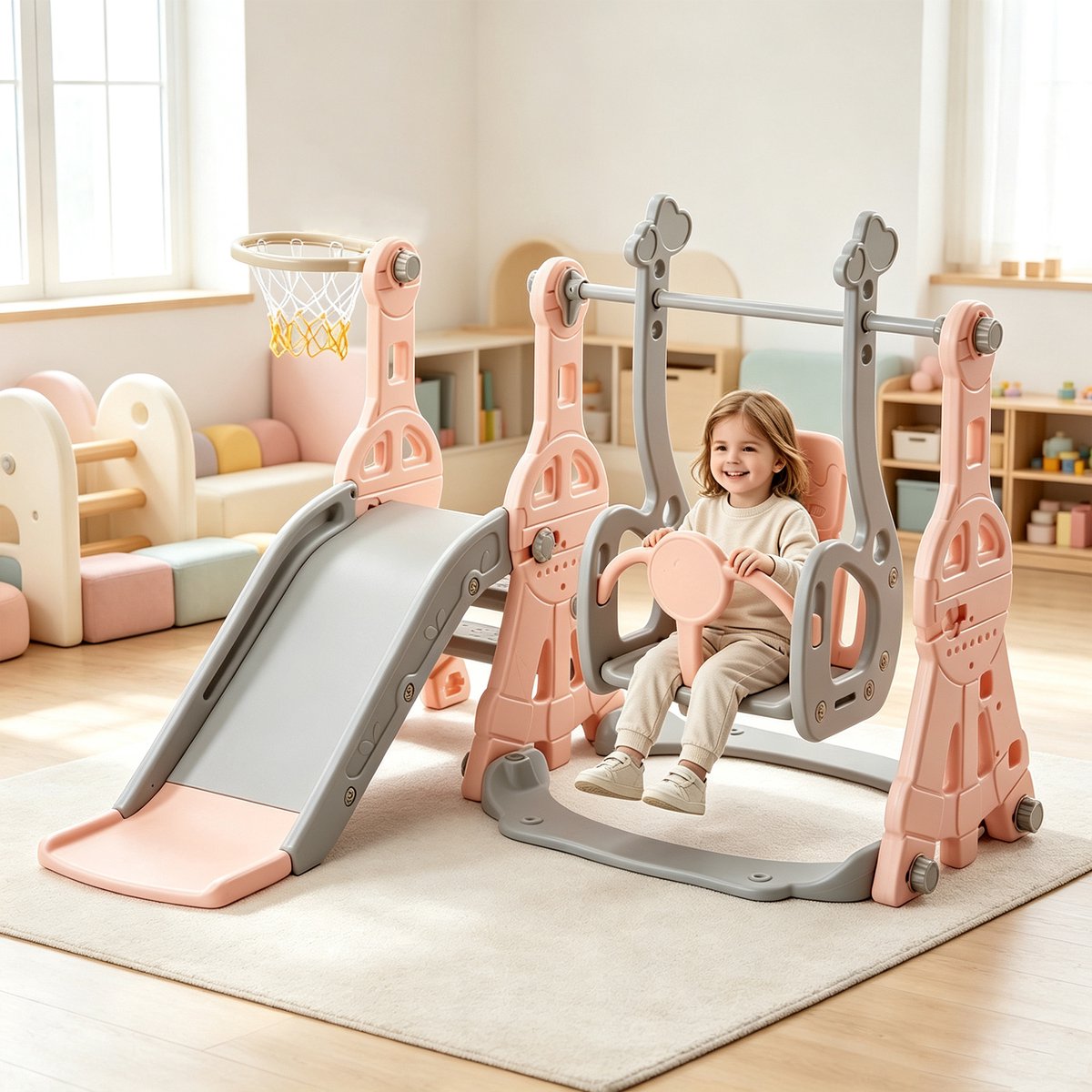 Kinder glijbaan - Kinder Glijbaan Combinatie - 4-in-1 Kinder Speeltoestel - met Glijbaan - Schommel & Basketbal - HDPE Kunststof Speelgoed - Veilig & Stevig - Zonder Gereedschap te Monteren - Voor Binnen en Buiten (1-6 jaar)
