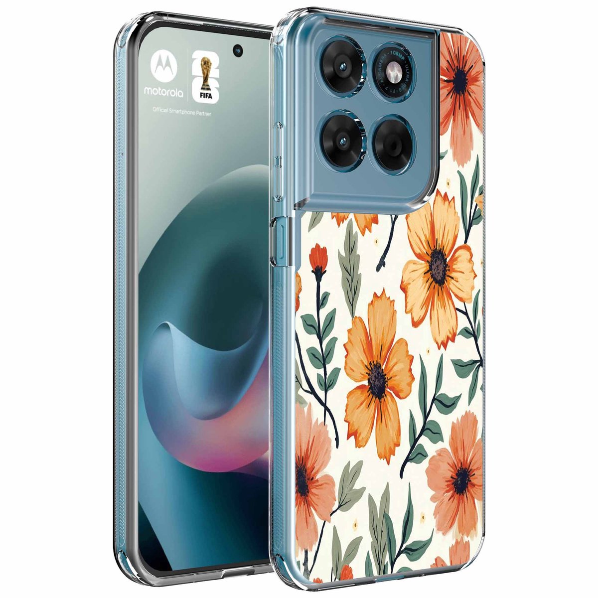 Smartphonica Geschikt voor Motorola Moto G77 Telefoonhoesje met Oranje Bloemen opdruk - Draadloos op te laden - Shockproof Siliconen TPU Strong Case - Sterk Schokbestendig Telefoonhoesje geschikt voor Motorola Moto G77