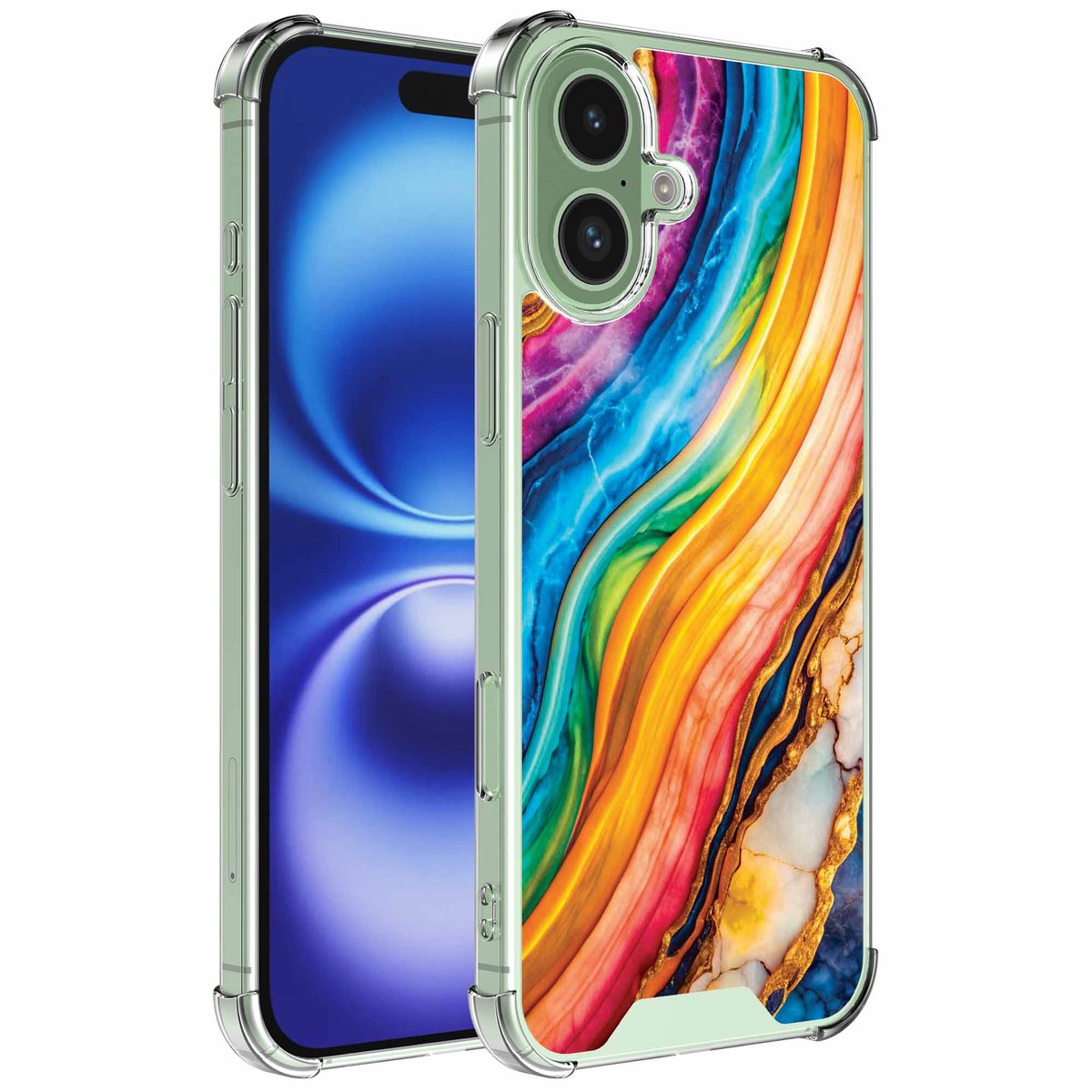 Smartphonica Geschikt voor iPhone 16 Telefoonhoesje met Goud Regenboog Marmer opdruk - Draadloos op te laden - Shockproof Siliconen TPU Strong Case - Sterk Schokbestendig Telefoonhoesje geschikt voor iPhone 16