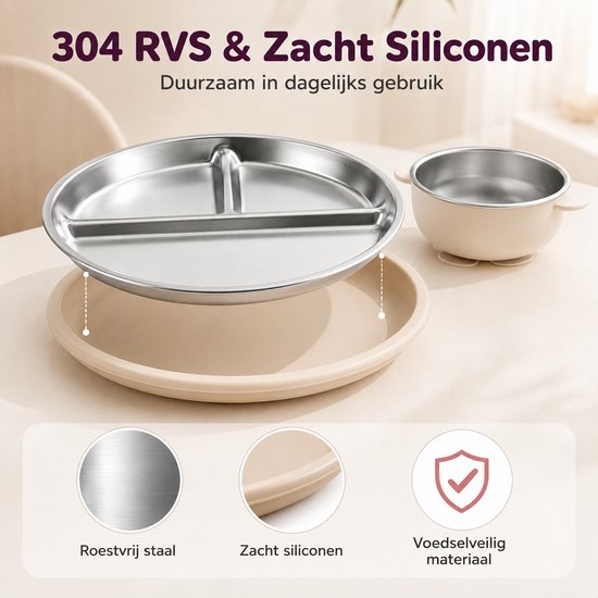 Baby Eetset 11-Delig Voedselveilig Siliconen En 304 Rvs - Slab, Borden, Kom En Bestek - Vanaf 6 Maanden - Met Zuignap - BPA Vrij - Voor Baby & Peuters - Beige wit — afbeelding 3