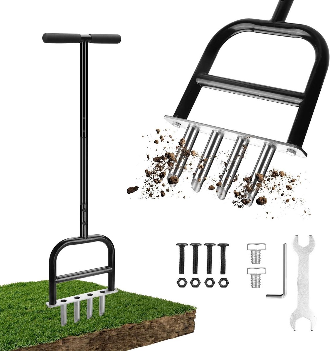 Gazonbeluchter Handmatig - Tuinbeluchter Kern - Gazon Onderhouden - 4 Roestvrij Staal Tanden - 92.8 cm Handgreep - Zwart