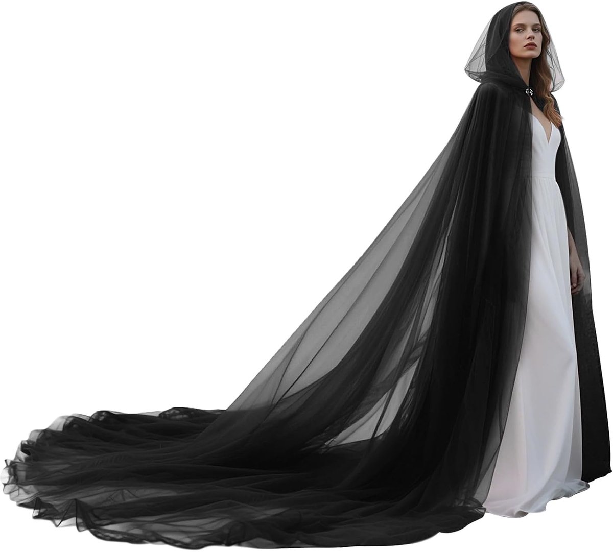 Tulle Cape met Kap en Sleep voor Halloween en Bruiloften in Zwart - Elegante Kostuumaccessoire voor Feestelijke Gelegenheden