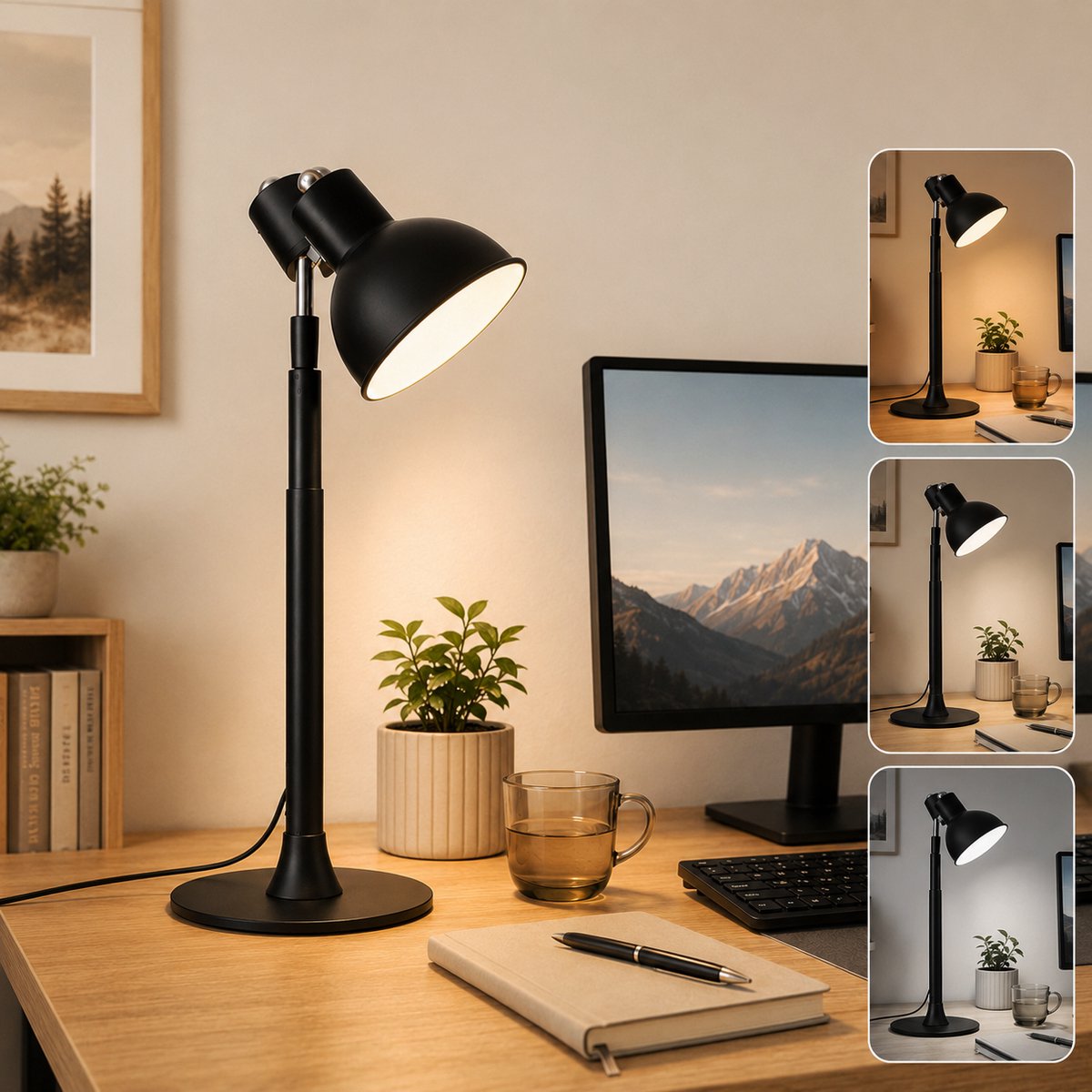 MUPOO Bureaulamp LED Dimbaar -leeslamp staand Hoogte Verstelbaar 45-145 cm - 6 Hoogtestanden & 150° Verstelbare Lampkop - 3 Lichtkleuren -2-in-1 Tafellamp en Vloerlamp voor Kantoor, Lezen, Eettafel en Slaapkamer - USB Voeding