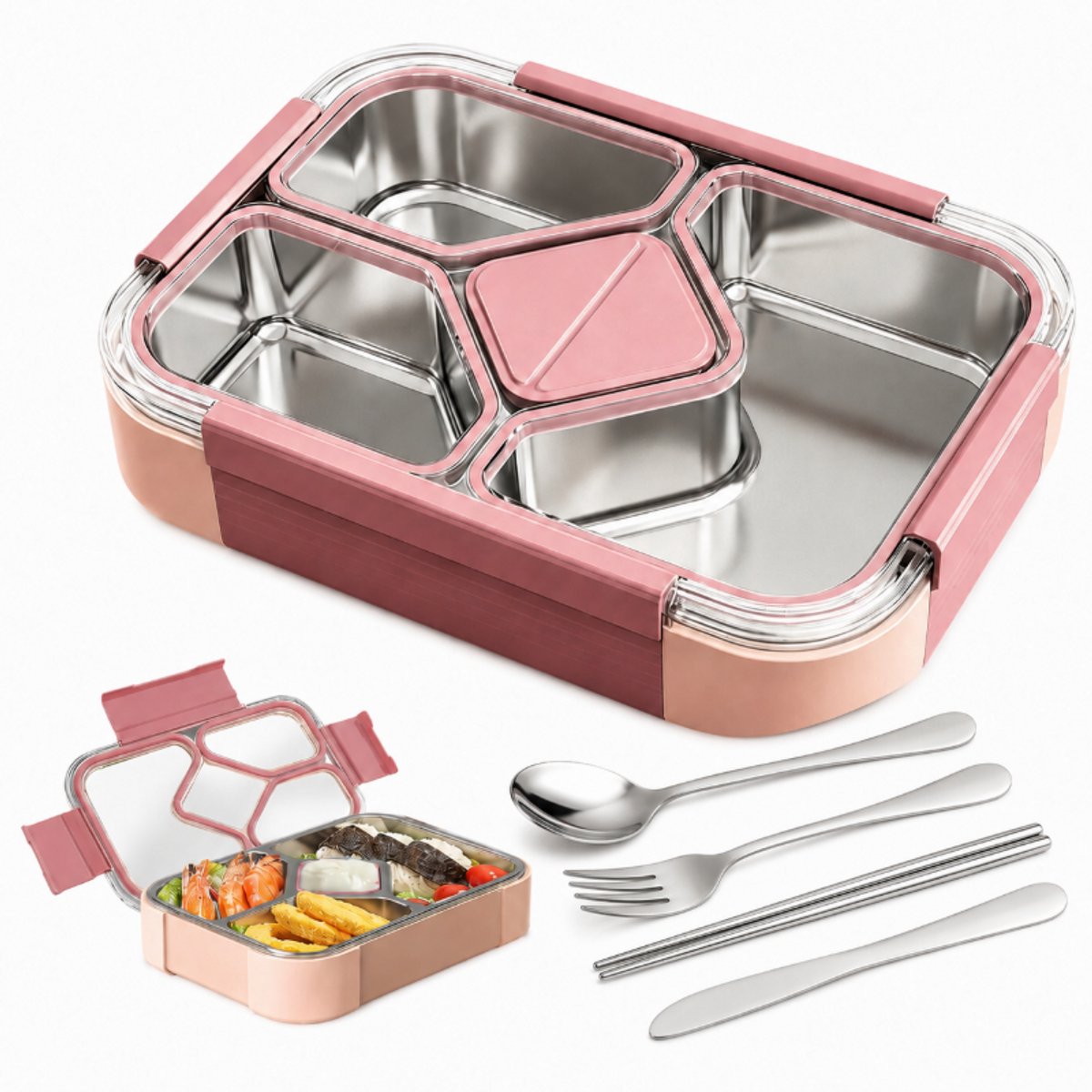 Lunchbox - Broodtrommel - Met 4 Vakjes - Inclusief Servies - Rvs met Een Servies- Voor Kinderen & Volwassenen - Picknicks, Sport En School - Roze