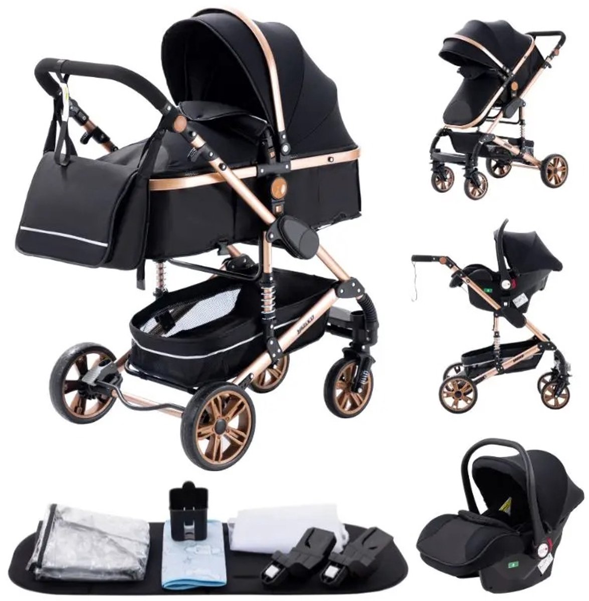 GDE - 3-in-1 Kinderwagen - Combi Kinderwagen met Reiswieg - Buggy - Autostoeltje - Luiertas - Inklapbaar Reissysteem - Zwart/Roségoud