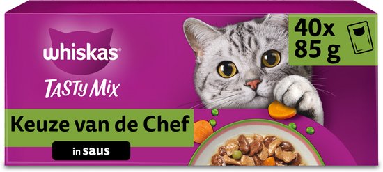 Doos Whiskas Tasty Mix Keuze van de Chef in saus, 40x85g, met een grijze kat