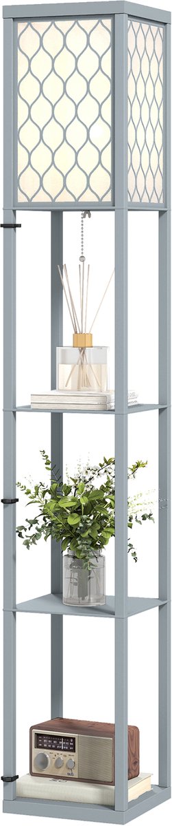 Staande lamp met planken, staande lamp voor in de woonkamer met 3 planken, trekschakelaar, 26 x 26 x 160 cm, grijs en wit