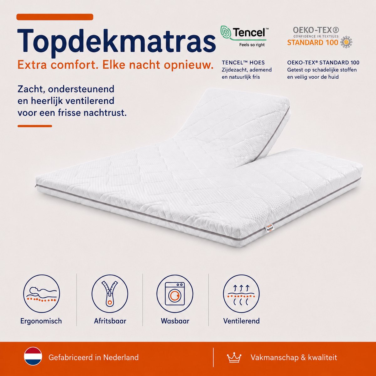 BestrestBedden - Splittopper 160x210cm - Traagschuim - Split Topdekmatras - 10cm dik - Tencel Hoes - OkoeTex - Wasbare Hoes - Zachte hardheid