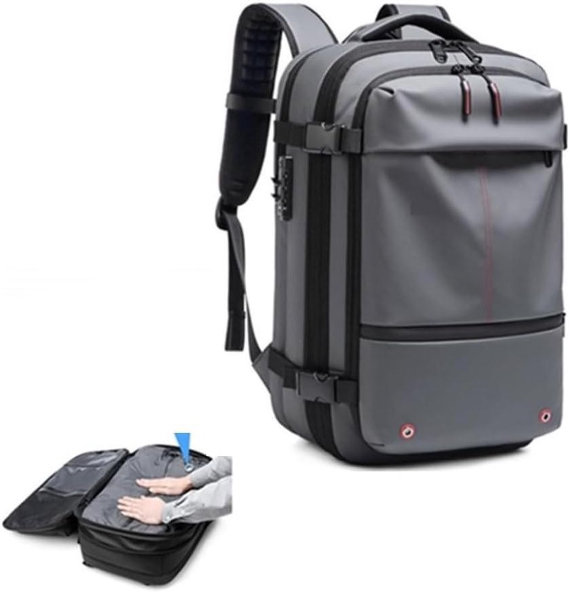 Compressie Rugzak - Grote Reistas - Ruimte Besparen - Uitbreidbaar Ontwerp - 60 Liter Capaciteit - Zwart Grijs Rood