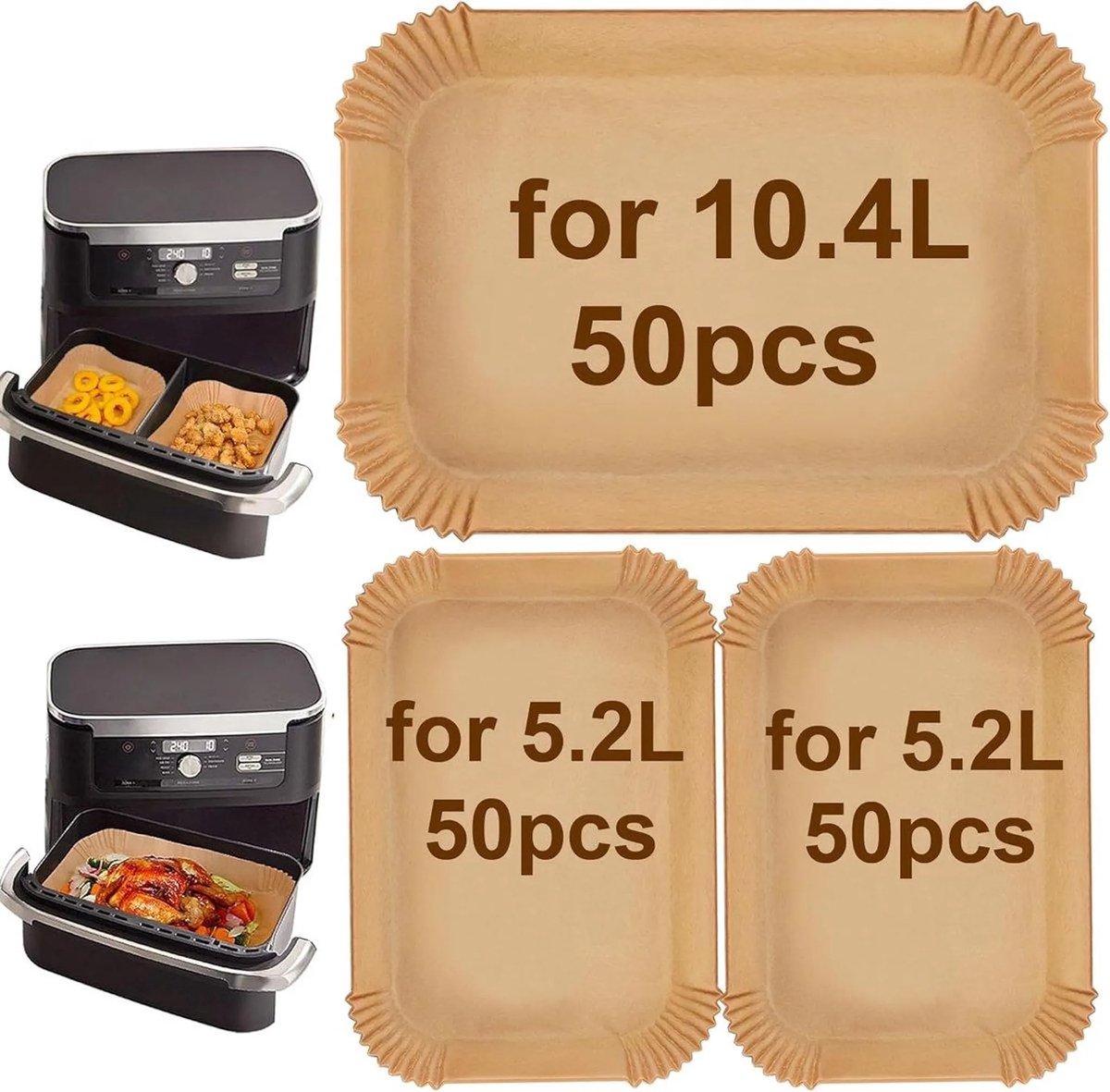 casalora - Bakpapier airfryer - Bakpapiervellen - 150 Stuks - Geschikt voor Ninja Foodi FlexDrawer AF500EU/AF500EUCP 10,4L/COSORI Smart Air Fryer TwinFry 10L - Groot Wegwerpbaar Bakpapier voor Duronic 10L & Instant 8,5L Air Fryer