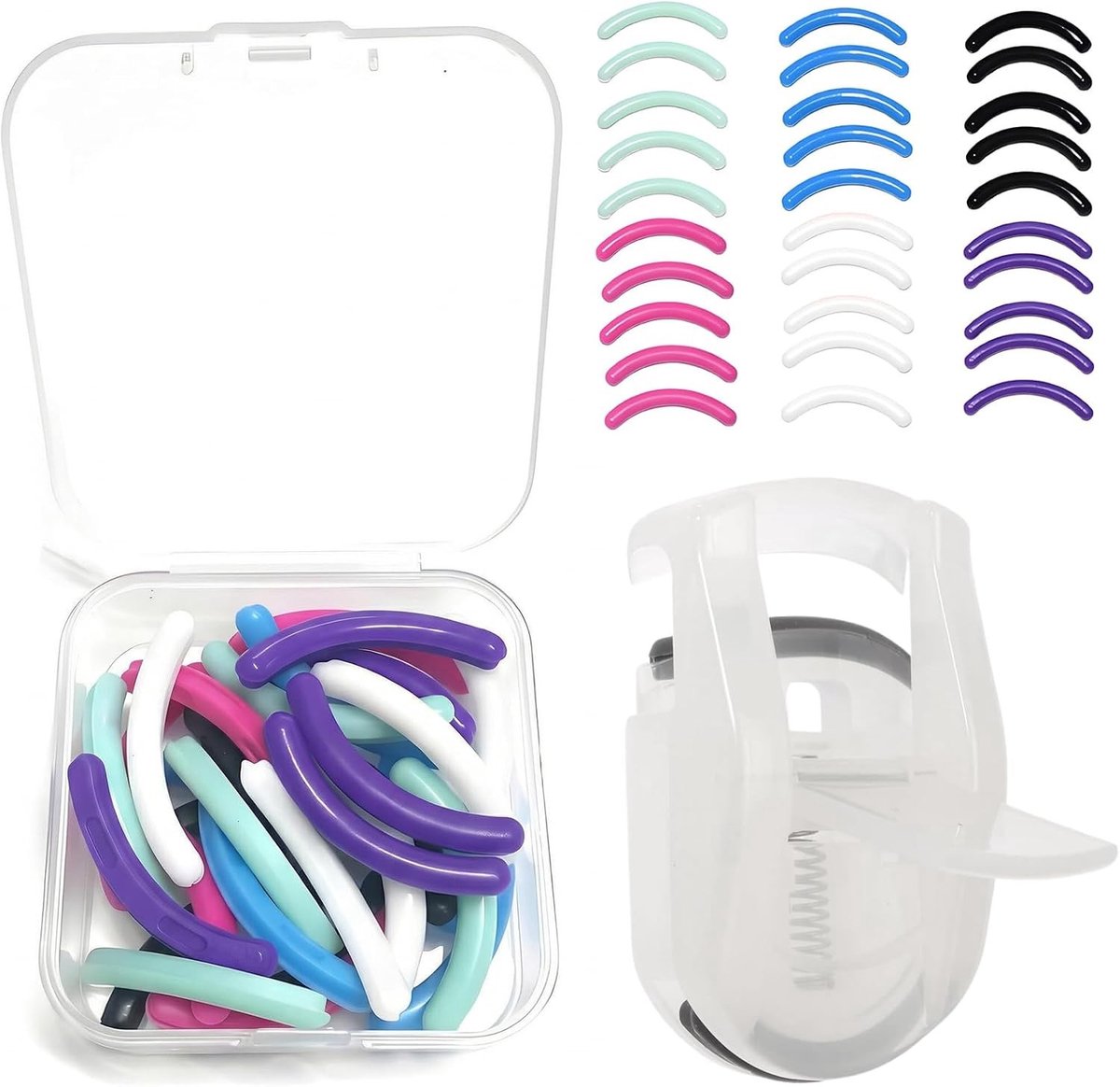 Eyelash Curler Set met 30 Silicone Vervangnaalden, 6 Kleuren, Make-up Tool voor Perfecte Wimpers, Draagbaar en Duurzaam voor Thuis en Reizen