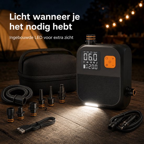 Oplaadbare Elektrische Luchtpomp 25 PSI met LED, USB en 6 Adapters voor SUP, Luchtbedden en Tenten — afbeelding 5