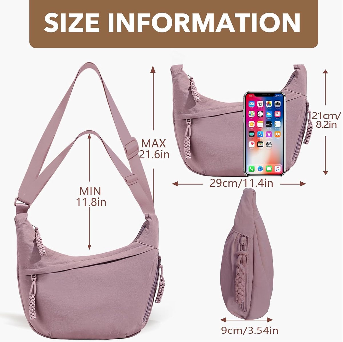 maan tas van nylon voor dames, dumplingtas voor dames, halve maan, crossbody tas met verstelbare riem, dumplingtas voor dagelijks gebruik