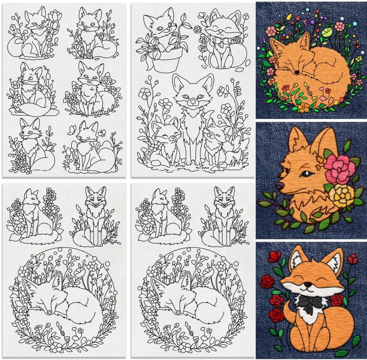15 stuks vos in bloem plant borduurwerk patroon stabilisatoren, 21 cm x 29,7 cm cartoon vos wateroplosbare stok en steek borduurstickers, 4 vellen hand naaien doe-het-zelf borduurwerk