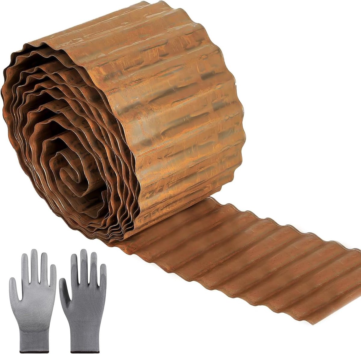 10 m x 14,5 cm hoog gazonrand van metaal, cortenstaal, gazonrand, roestlook, perkrand voor doe-het-zelf gazon, gazonrand met 1 paar handschoenen, verzinkt metaal voor tuin