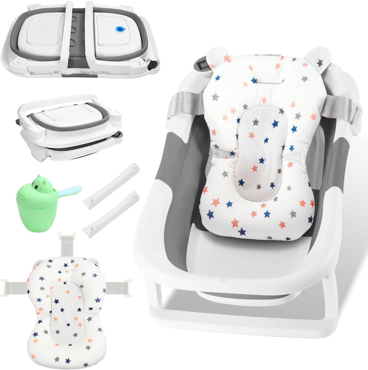 Babybadje, opvouwbaar, dubbel opvouwbaar, met badkussen, antislip, temperatuurreactieve waterstop, ruimtebesparend, stabiel, voor pasgeborenen en peuters, 0-12 maanden, grijs
