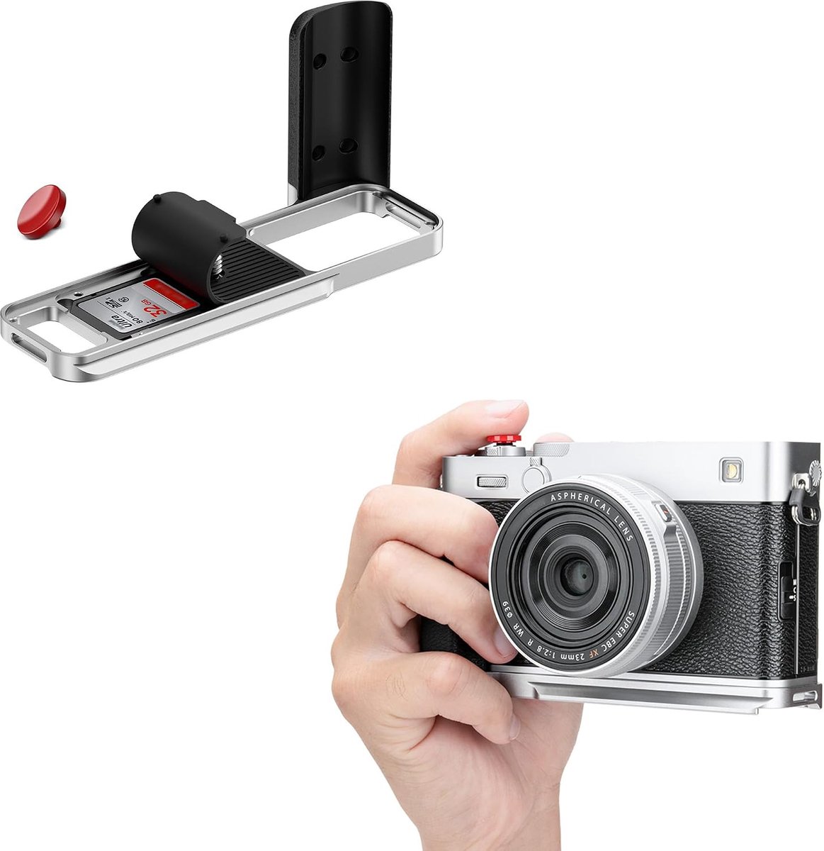 Metalen handgreep en sluitknop compatibel met Fujifilm X-E5, zilver | Quick Release voor Arca, 0,6 cm-20 gat, compatibel met Peak Design Capture Clip, verbeterde grip