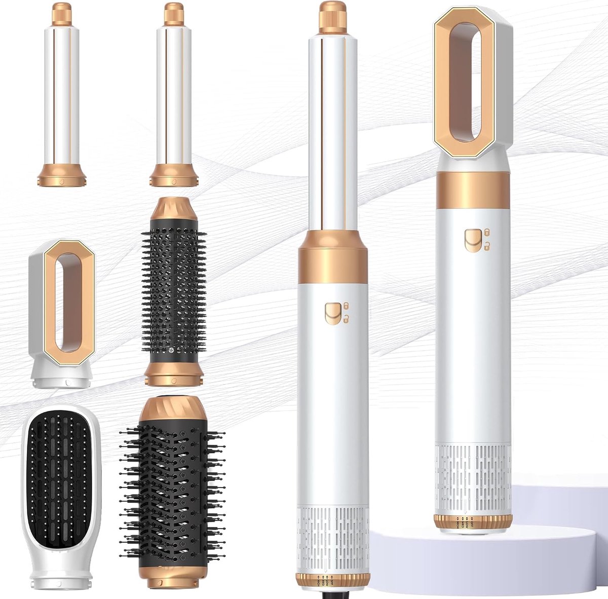 Hairstyler Pro Airbrush haarstyler, 6-in-1 luchtstyler met warmluchtborstel, föhnborstel, ronde borstelföhn, haardroger, auto haarkruller, haarstyler voor styling, volume, krullen en