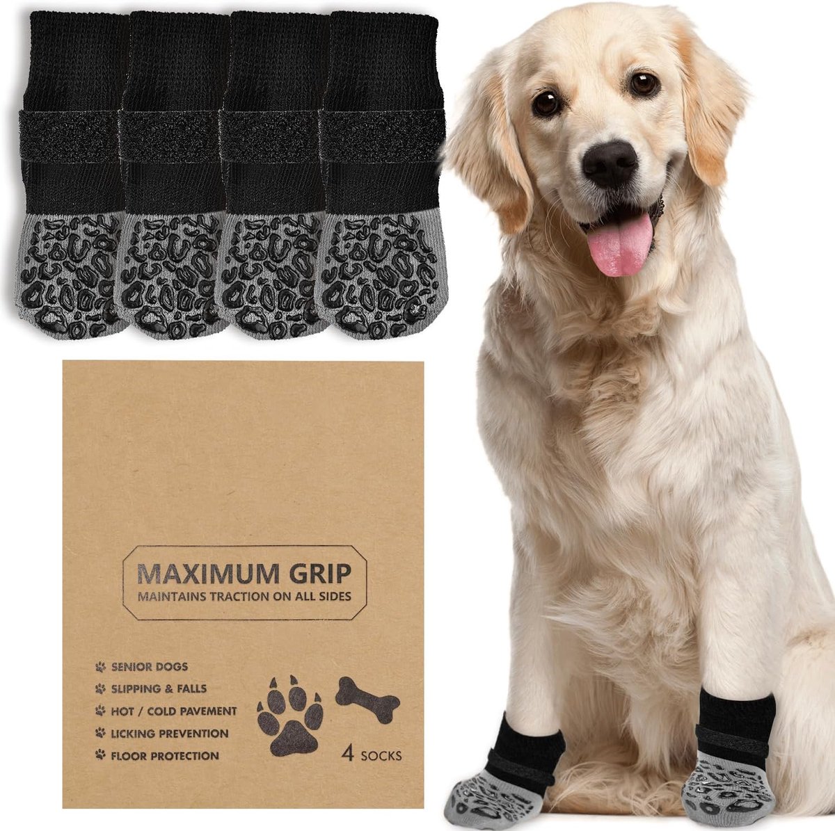 Hondensokken voor Houten Vloeren, Pootbeschermers met Extra Grip, Voorkomt Likken en Glijden, Hondenschoentjes voor Kleine, Middelgrote, Grote en Senioren Honden (Luipaardprint-Maat L)