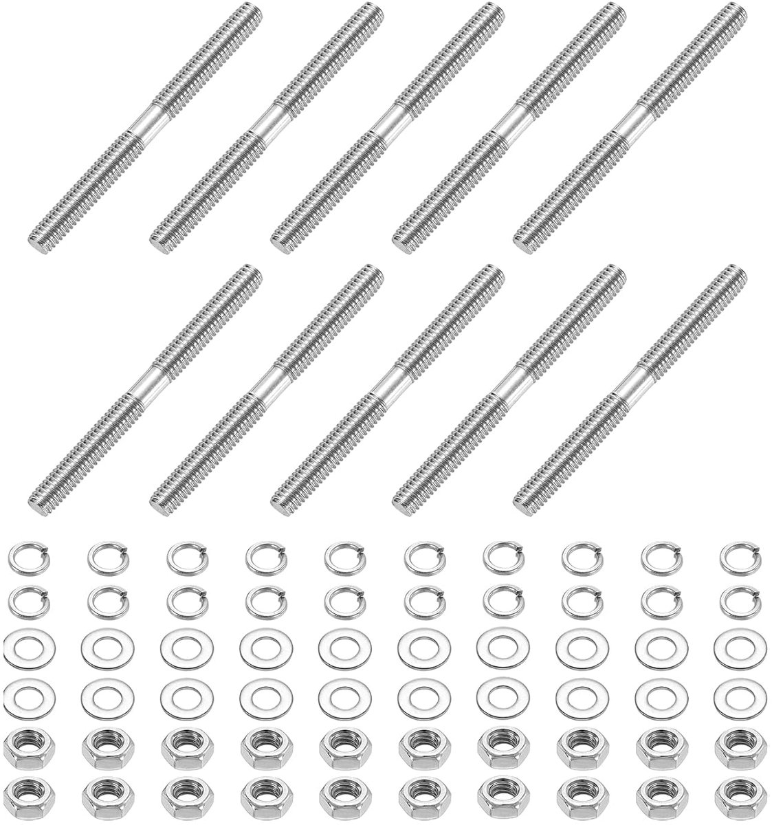 10 stuks dubbele schroefdraadbouten, M4 x 45 mm 304 roestvrij staal dubbele schroefdraadstang met moeren en platte sluitringen en dubbele draadslot voor het huishouden