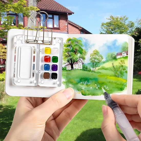 Aquarell Set – 3-delig mini aquarelset met transparant kleurenpalet, aquarelpenseel en schetsboek, compact reisschilderkunstset voor kunstenaars en beginners — afbeelding 5