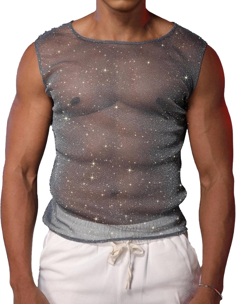 Glitter-tanktop voor heren, doorzichtig nethemd, mesh spiershirt, gymtop, clubwear, feestoutfit, netshirt