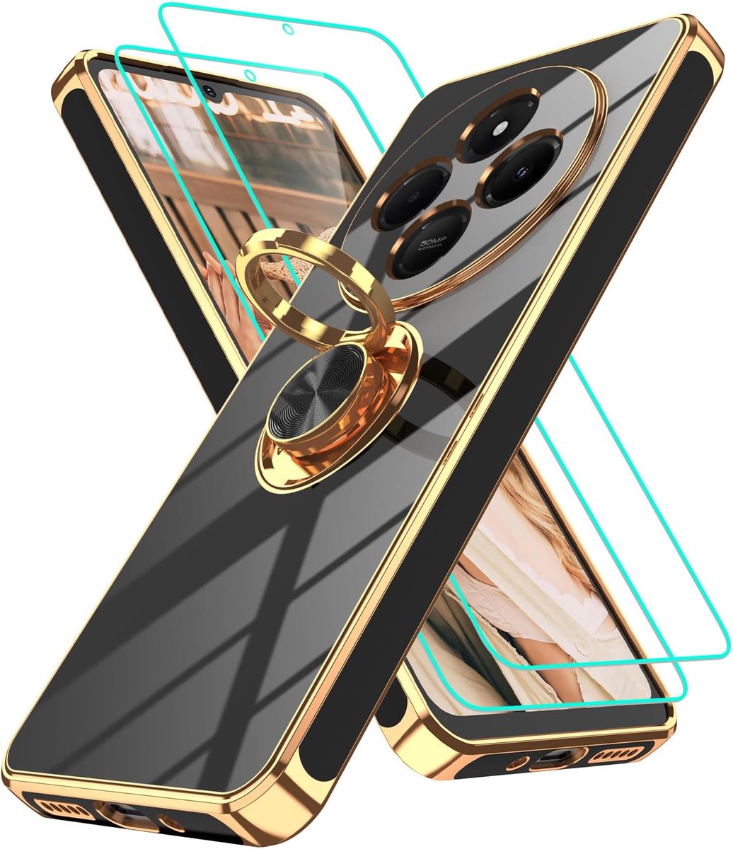 Slanke Pasvorm hoes voor Xiaomi Redmi 14C, schokbestendige zachte hoes met 2 stuks HD-schermbescherming en ingebouwde ring, kickstand, telefoonhoes, zwart-14C