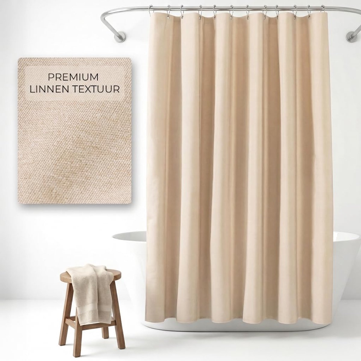 Douchegordijn 180x180 cm Beige – Linnen Waterdicht Wasbaar | 230 GSM – kleeft niet aan huid, 100% waterdicht, 12 metalen ringen met kogellagers, machinewasbaar 30°C
