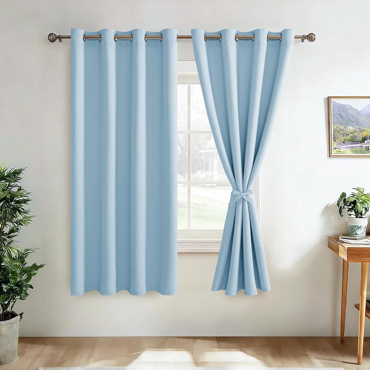 Set van 2 verduisteringsgordijnen, met inslagringen, ondoorzichtig, met gordijnhouders, voor kinderkamer en jongens, thermogordijn, bescherming tegen kou en hitte, voor slaapkamer, lichtblauw