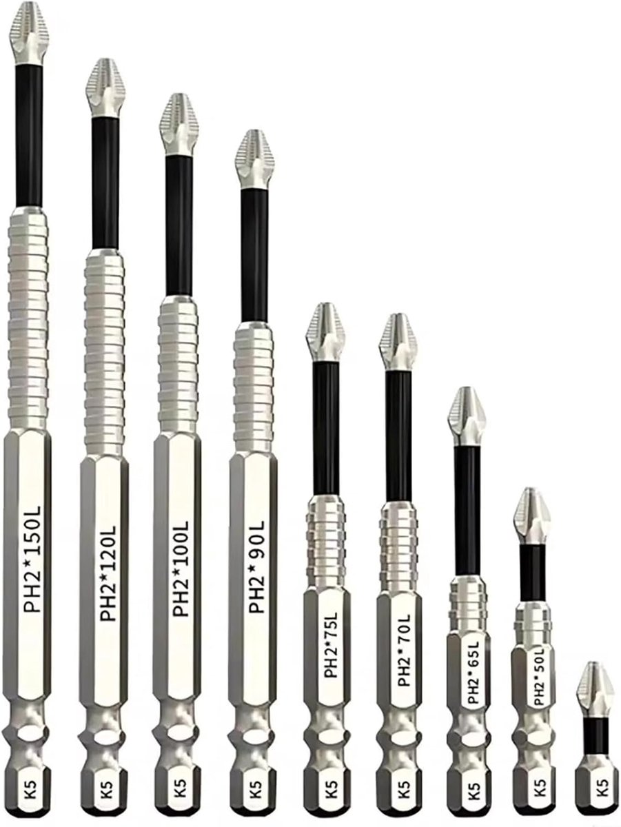 9 stuks high magnetische schroefbits, 25/50/65/70/75/90/100/120/150 mm, magnetische bits, zeer magnetische schroevendraaier-boorset, antislip Phillips bits, voor accuschroevendraaiers enz
