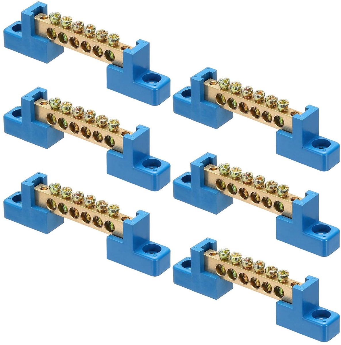 6 stuks 6 posities klemlijsten, aardingsverzamelrail, koperen draadverbinder, schroefklemmenblok voor elektrische apparaten met blauwe montagebeugel