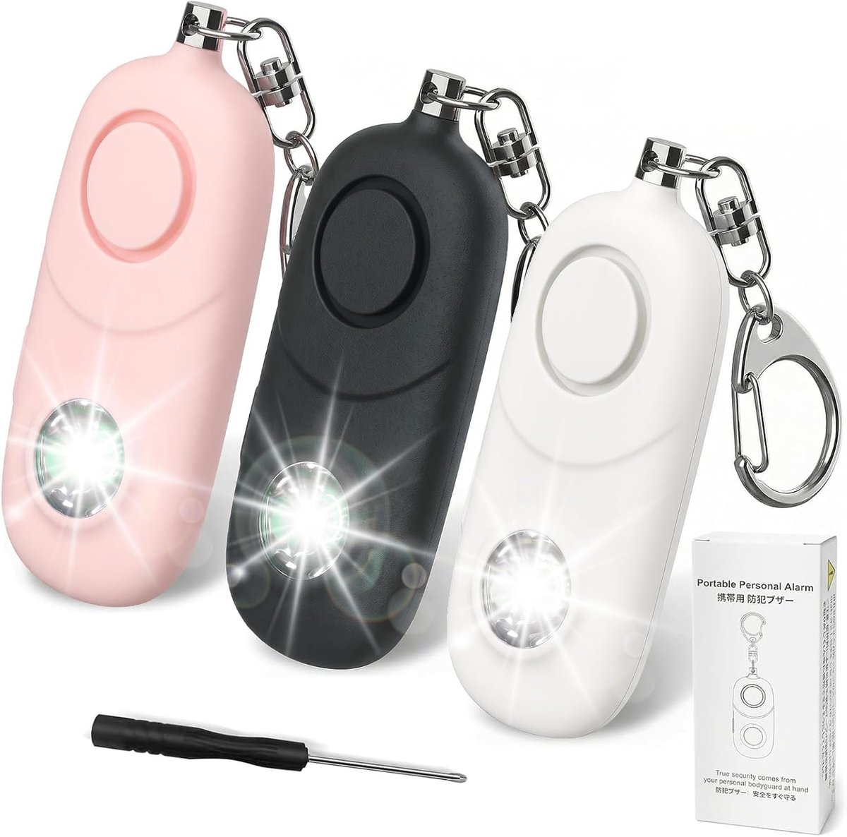 135 dB persoonlijk alarm sleutelhanger met stroboscooplicht, luide sirene voor veiligheidsalarmen voor vrouwen, kinderen, studenten, senioren, noodzelfverdediging, nachtsport, verpakking van 3