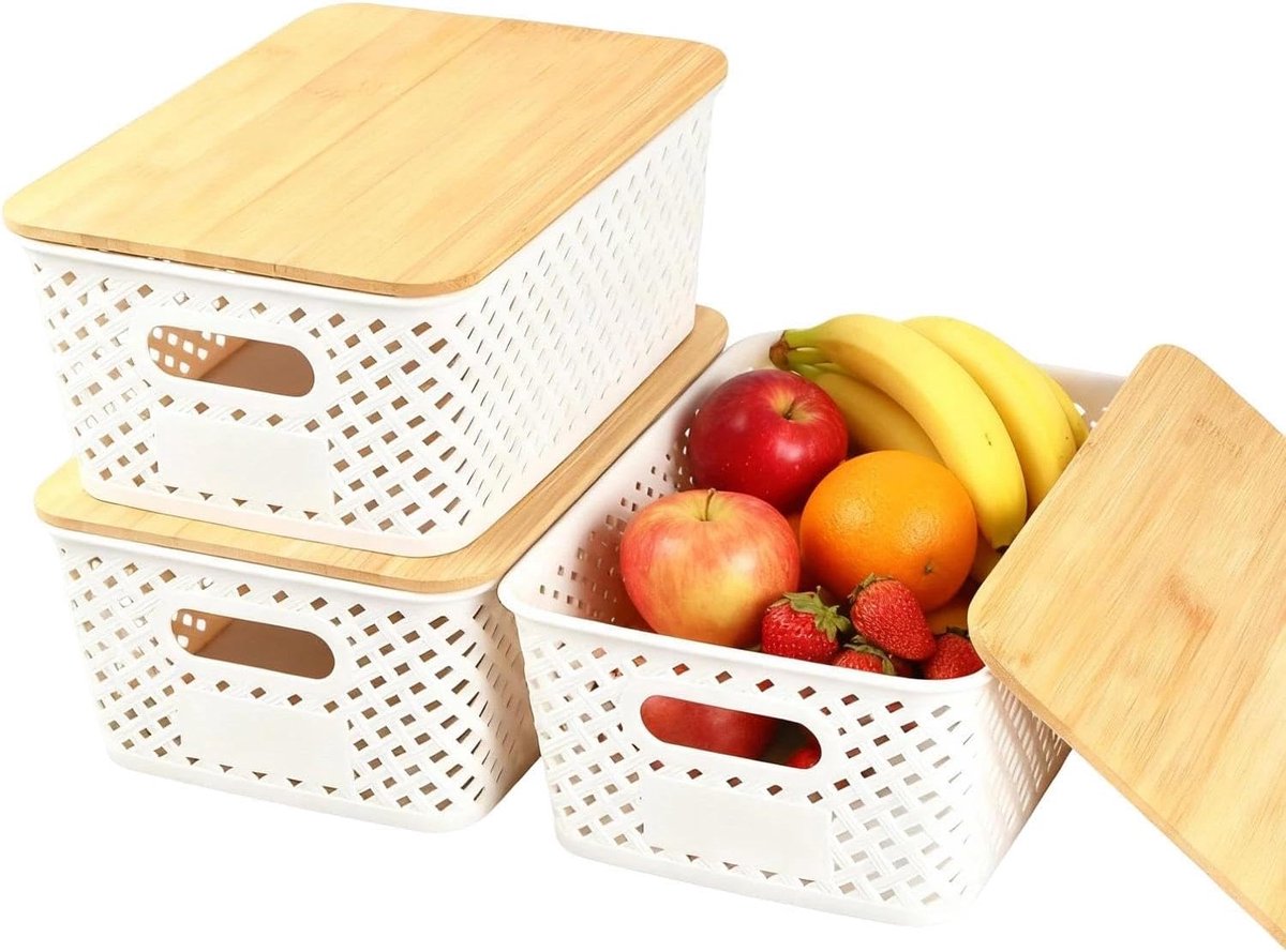 Opbergdoos met bamboedeksel, stapelbare kisten, opslag met deksel, keukenorganizer, opbergmand met handvat, voor keuken, slaapkamer, kledingkast, 5 l (wit)