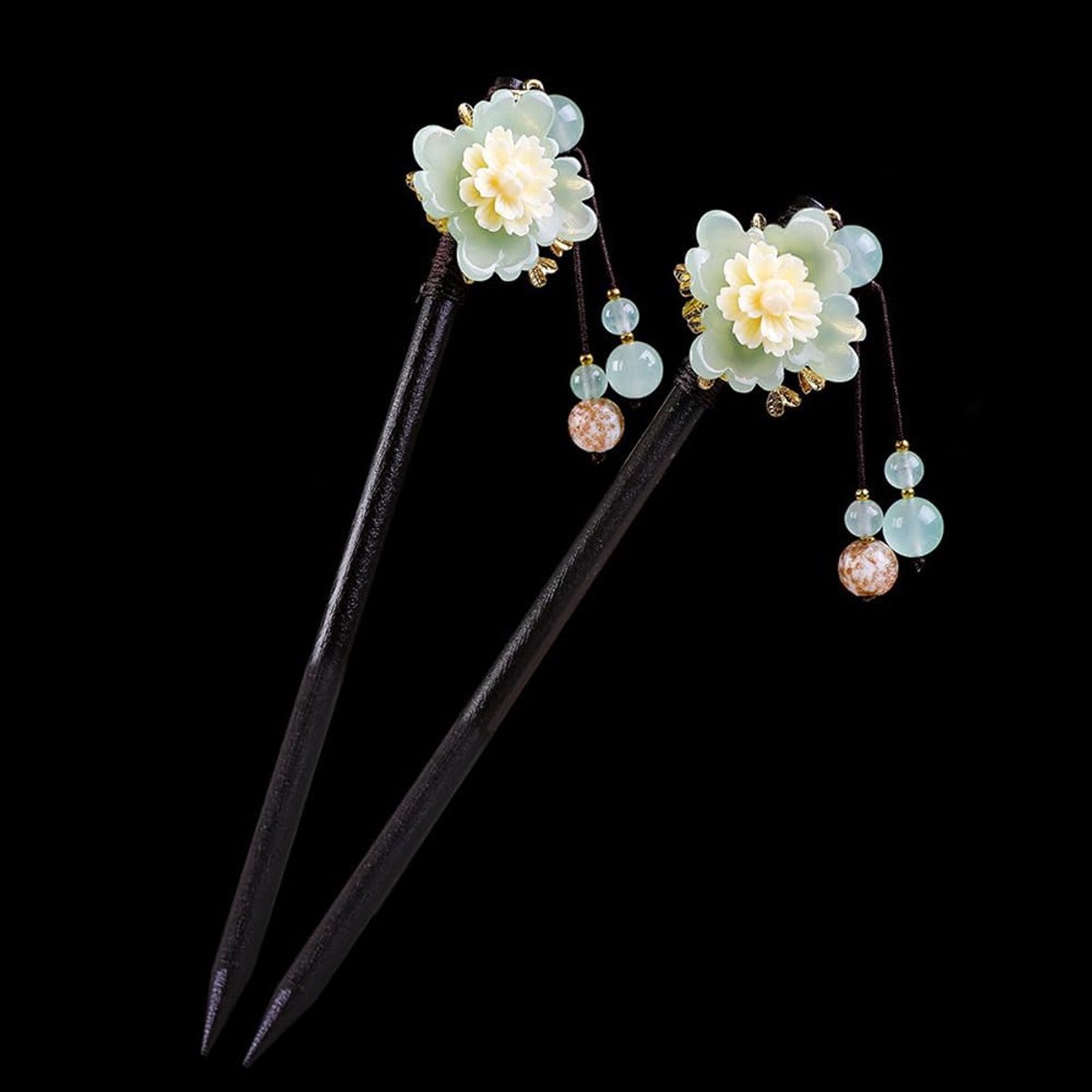 2 stuks houten Chinese haarstokjes voor lang haar, vintage retro haar eetstokjes voor vrouwen, broodje, elegante bloem kwastje Chinese haarspelden Chignon (Cymbidium)