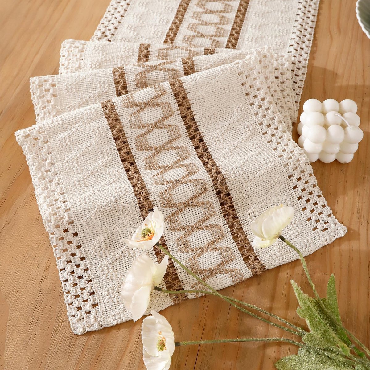 Tafelloper Jute macramé 30 x 140 cm, wit, natuurlijke jute bruin, wasbaar, rustieke herfst, moderne tafeldecoratie voor bruiloft, evenementen, Kerstmis, verjaardag