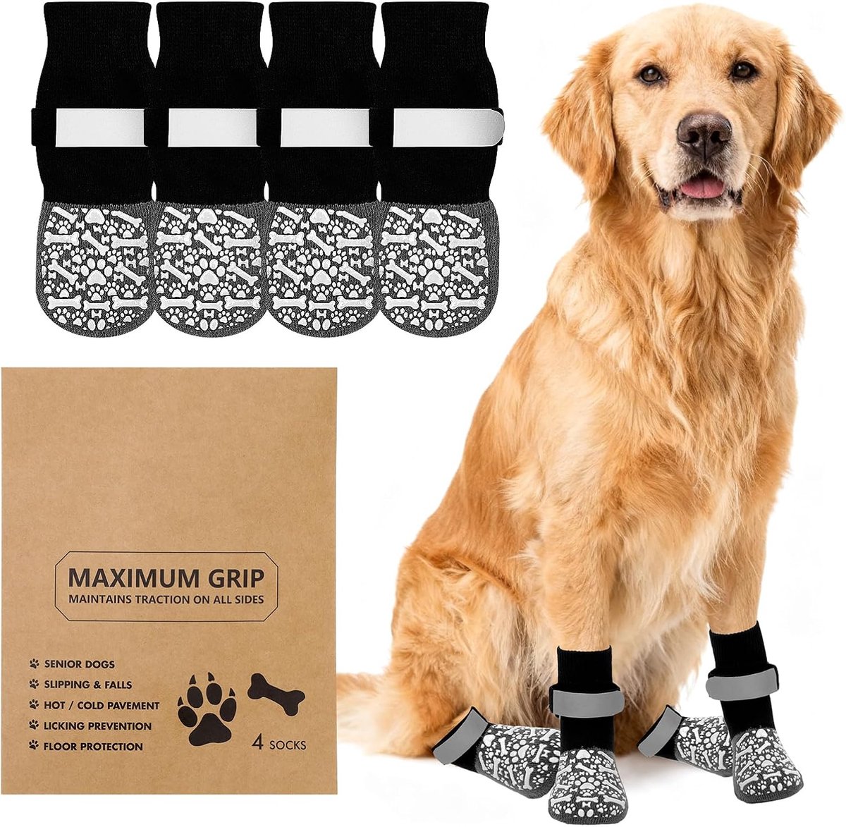 2 paar antislip hondensokken, pootbescherming voor honden met verstelbare riemen, bescherming tegen likken aan de poten, hondensokken voor het lopen op houten vloeren, M