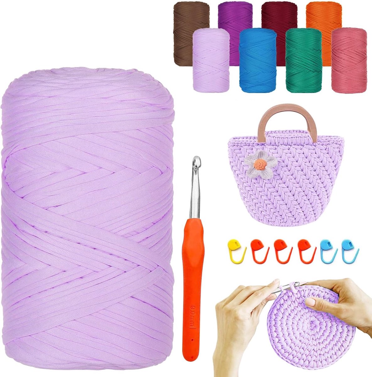 400G/120M haakgaren met naalden, 9,0 mm, 6 houders, haakgaren voor handtassen, manden, dekens, woondecoratie, paars