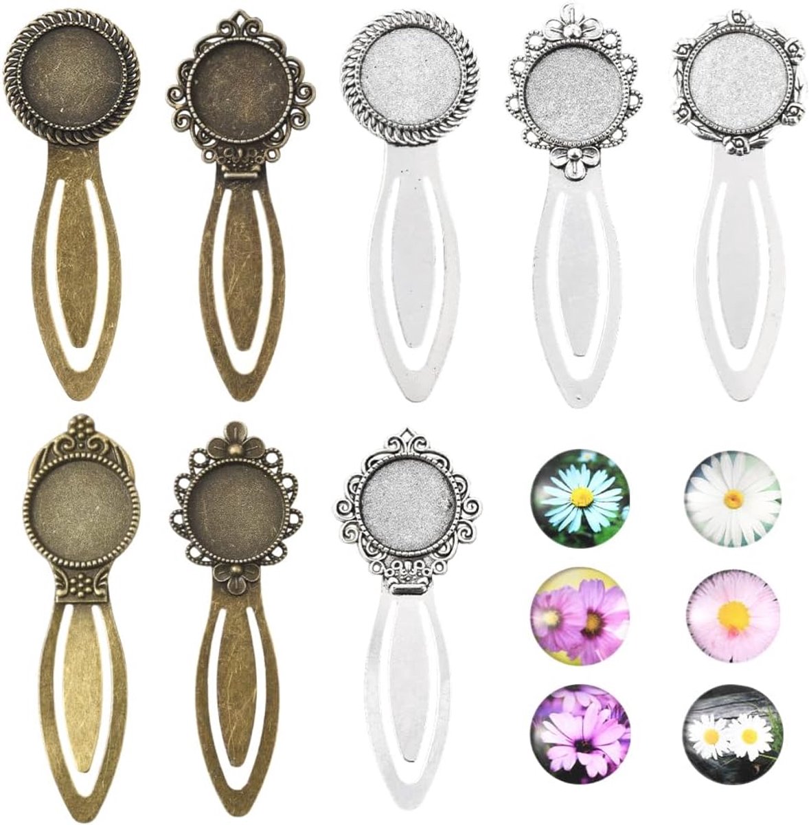 1 Doos DIY 8 Sets Bloem Bladwijzer Cabochon Bladwijzers Vintage Antiek Zilver Brons Boek Mark Hanger Lade Blanks Bloem Glas Cabochons Boek Marks voor Lezen Crafting Supplies