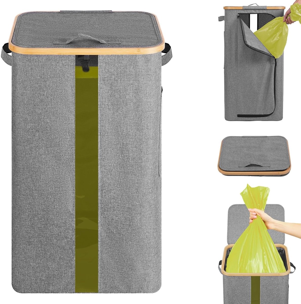 Gele zak, standaard, 100 liter, gele vuilnisemmer met 4 clips, dubbele handgrepen, ontwerp met ritssluiting aan de achterkant, grijs, voor woonkamer, keuken, zonder binnenvak