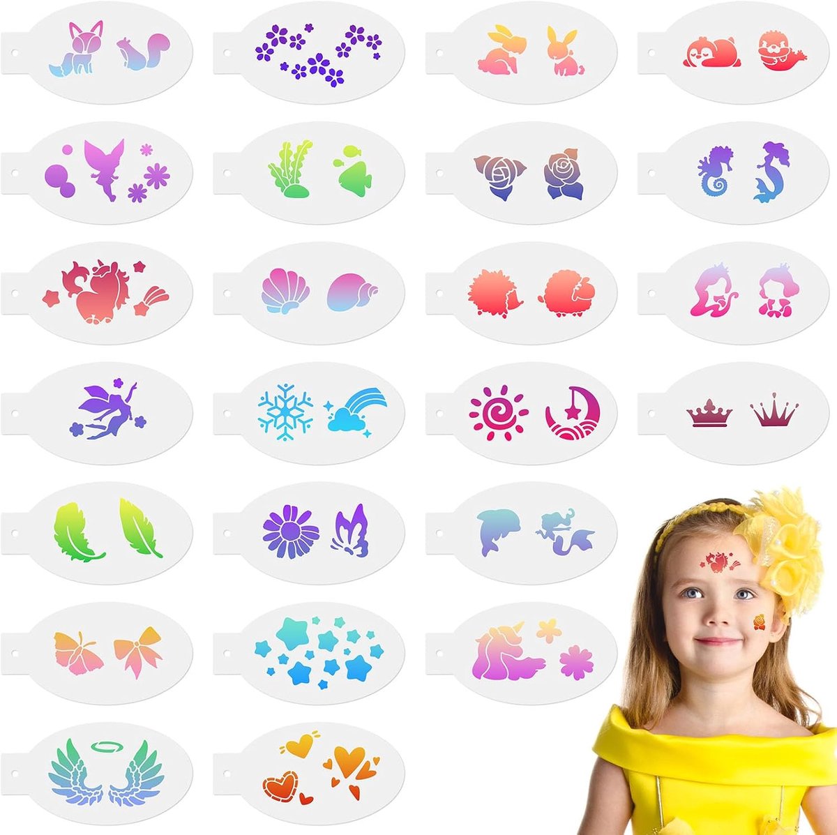 24 stuks gezichtsverfsjablonen, herbruikbare tijdelijke tatoeagesjablonen voor kinderen, gezichtsschildersjablonen voor feest, Kerstmis, Halloween, carnaval, B